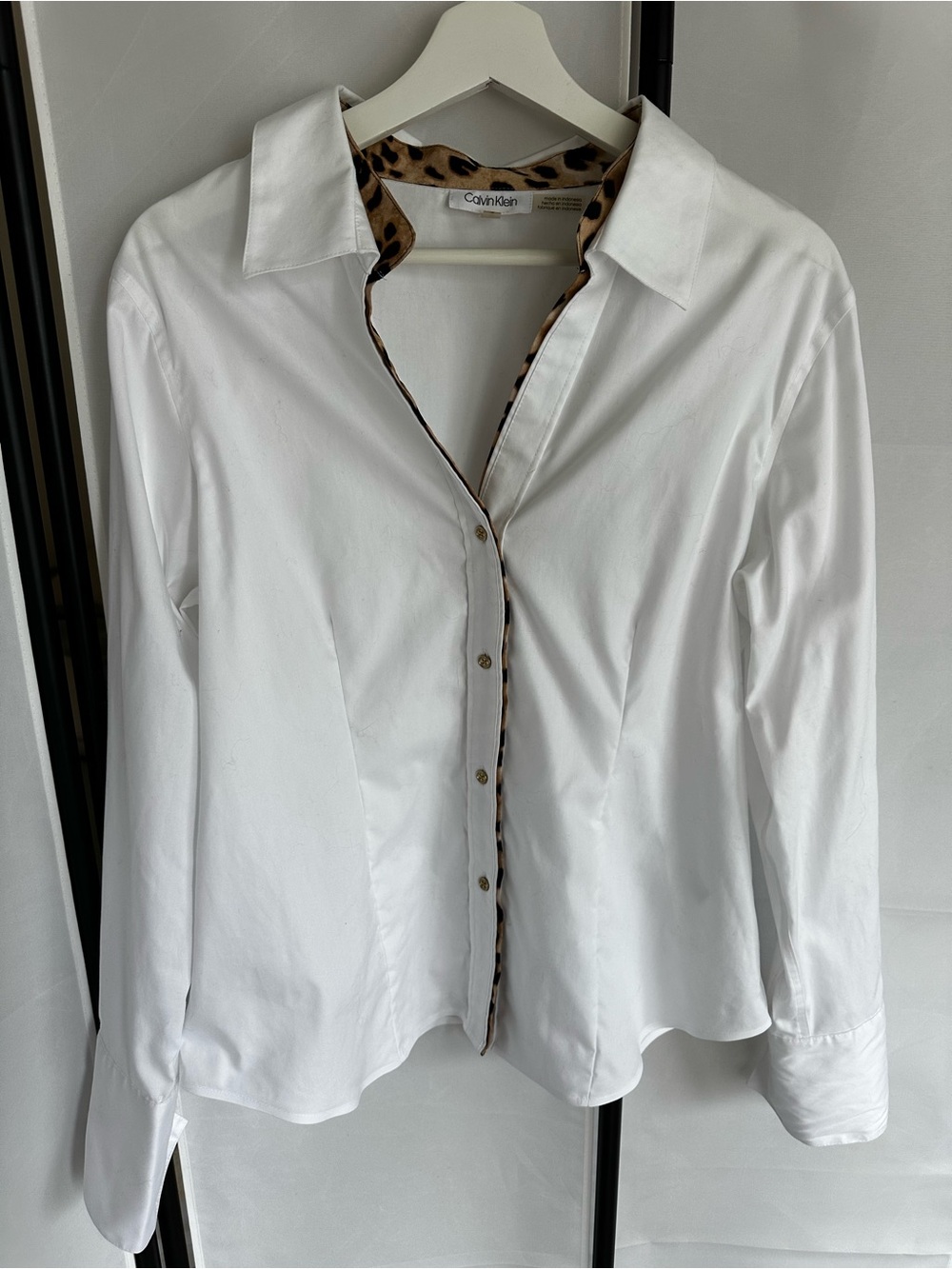 Calvin Klein White Button-Down Shirt with Leopard-Print Trim